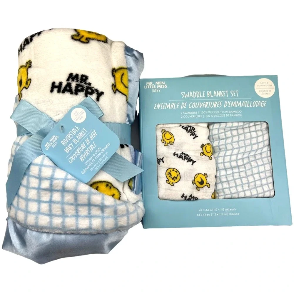 JuJuBe Mr Happy Baby Boy Blanket Lot Bamboo Swaddle Plush‎ Satin Trim NWT